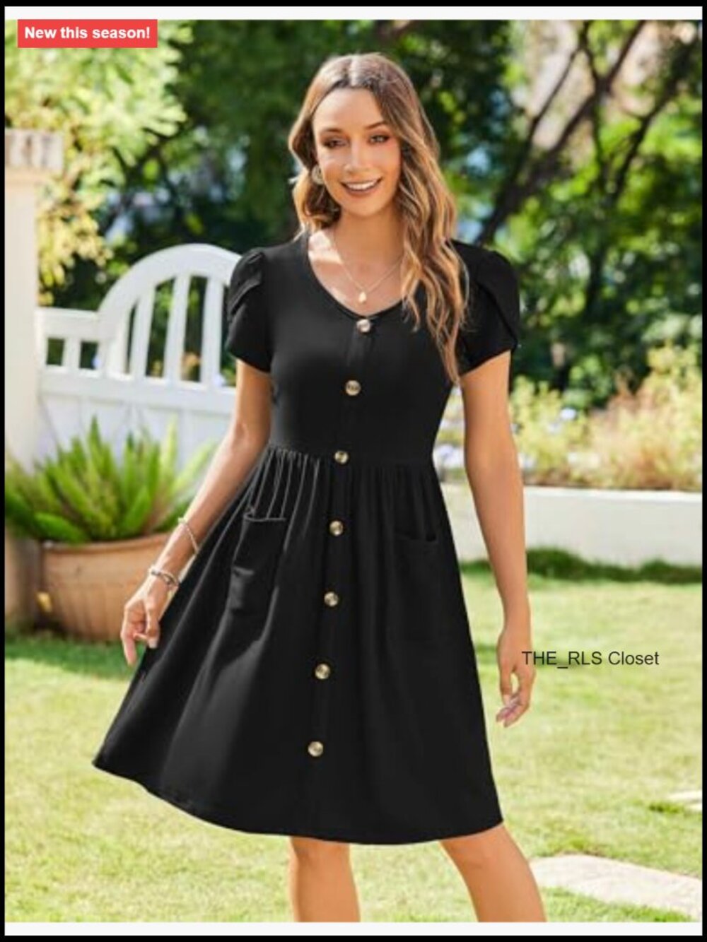 V Neck Mini Dress with Pockets Petal Sleeve Button Down Swing Dress - Picture 4 of 7